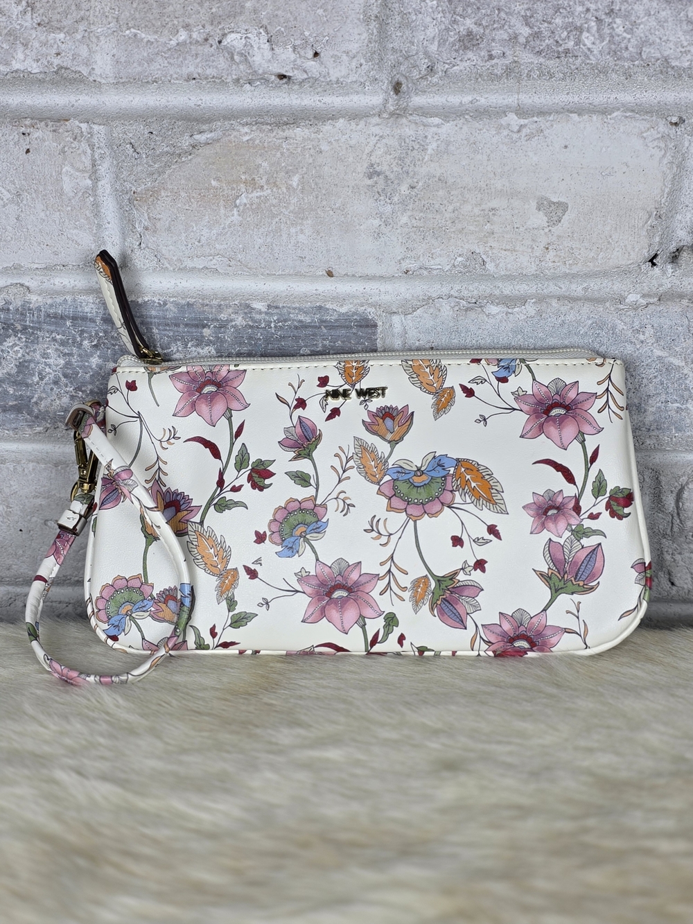 Nine West Floral Print Wristlet Clutch in White and Pink